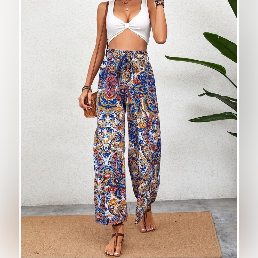Paisley Print Belted Ruffle Wide Leg Pants - Picture 5 of 9